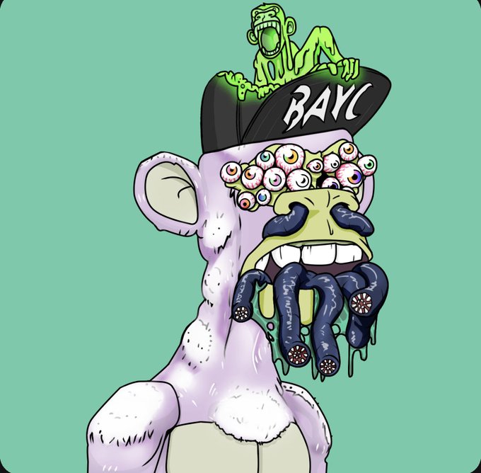 A grotesque cartoon ape character with multiple eyeballs and a 'BAYC' (Bored Ape Yacht Club) hat with a zombie emerging from it.