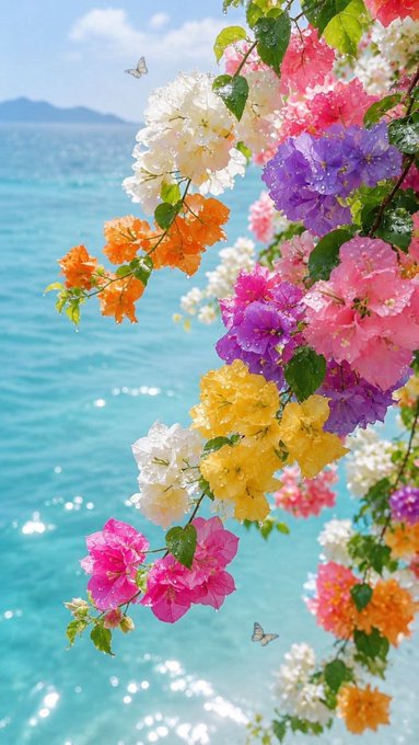 A vibrant scene features colorful bougainvillea flowers in shades of pink, orange, yellow, and purple cascading against a backdrop of bright turquoise ocean water, with small butterflies nearby.