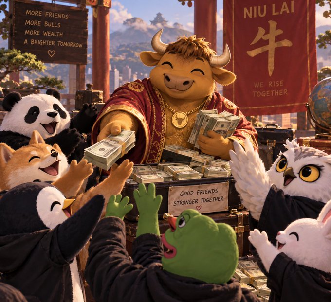 A cheerful anthropomorphic bull mascot wearing a red robe distributes stacks of cash to excited animal characters (panda, fox, penguin, frog, owl, and rabbit), with banners reading "NIU LAI — WE RISE TOGETHER" and signs stating "MORE FRIENDS, MORE BULLS, MORE WEALTH, A BRIGHTER TOMORROW" and "GOOD FRIENDS STRONGER TOGETHER" — celebrating the Niulai giveaway success in partnership with BNBChain and Nina Rong.