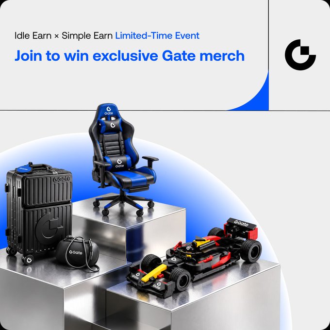 A promotional banner advertises a Gate.io "Idle Earn × Simple Earn Limited-Time Event" inviting users to "Join to win exclusive Gate merch," showcasing the prizes on metallic pedestals: a black Gate-branded gaming chair, a matching Gate logo suitcase with a duffel bag, and a black, red, and yellow Gate-branded Formula 1 racing brick model that corresponds to the rewards mentioned in the post.