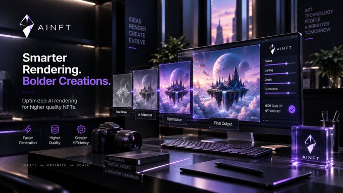 AINFT promotional graphic with the text 'Smarter Rendering. Bolder Creations.' showcasing AI rendering features like Faster Generation, Higher Quality, and Greater Efficiency on a computer monitor.