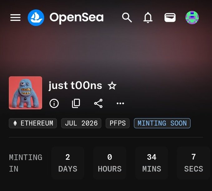 The image shows an OpenSea profile page for the "just t00ns" NFT collection on Ethereum, tagged with "MINTING SOON" and a countdown timer showing 2 days, 0 hours, 34 minutes, and 7 seconds remaining. The profile features a blue cartoonish monster character as its avatar, confirming the impending fair launch with 1 mint per wallet mentioned in the post.