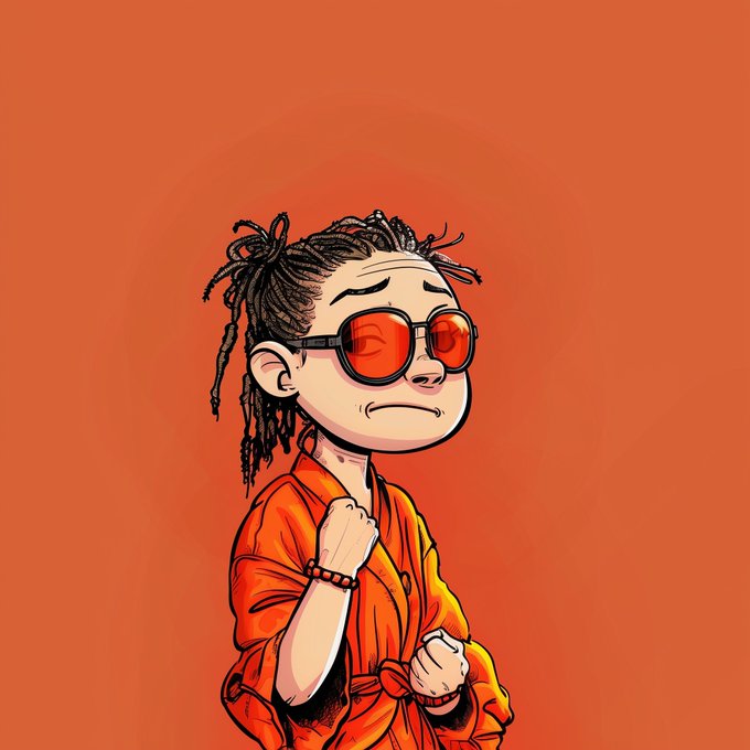 Digital illustration of a person with braided hair wearing red-tinted sunglasses and an orange shirt against an orange background.