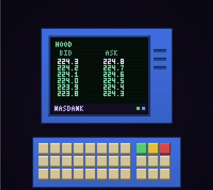 A pixel-art style graphic of a retro blue Nasdaq stock ticker terminal displaying BID and ASK price levels above a beige keyboard.