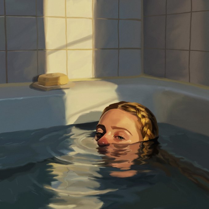A digital painting depicting a person partially submerged in a blue bathtub, with sunlight casting geometric shadows on the surrounding tiled walls.