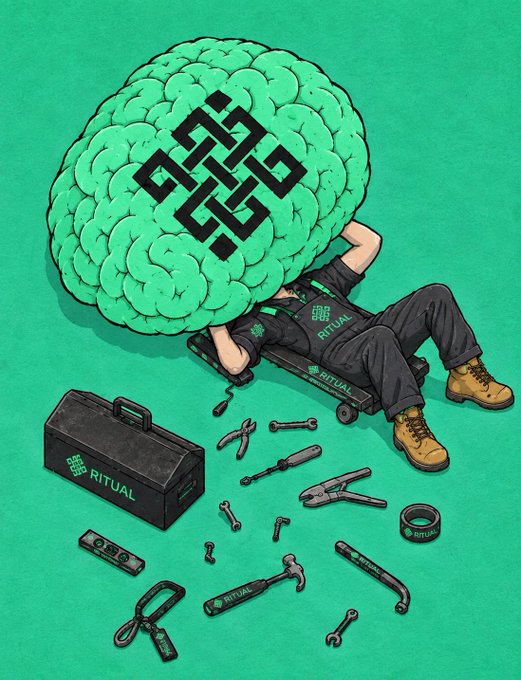 A mechanic lies under a giant brain branded "RITUAL," surrounded by scattered tools and a toolbox labeled "RITUAL," symbolizing the maintenance and troubleshooting work behind a technical issue with the Ritual Agent.
