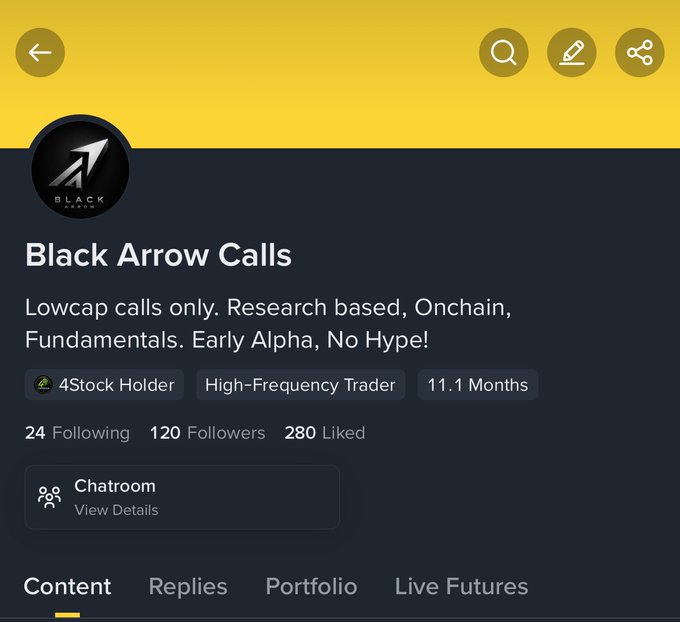 A profile page screenshot for "Black Arrow Calls" describing "Lowcap calls only. Research based, Onchain, Fundamentals. Early Alpha, No Hype!" with tags including "4Stock Holder" and "High-Frequency Trader", showing 24 Following, 120 Followers, and 280 Liked.
