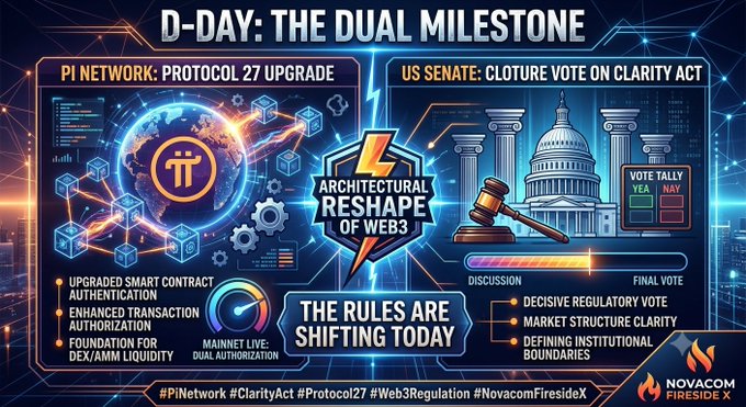 Novacom Fireside X 'D-Day: The Dual Milestone' graphic contrasting Pi Network's Protocol 27 upgrade (upgraded smart contract authentication, enhanced transaction authorization, foundation for DEX/AMM liquidity, Mainnet Live Dual Authorization) with the U.S. Senate Cloture Vote on the Clarity Act, declaring 'The Rules Are Shifting Today.'