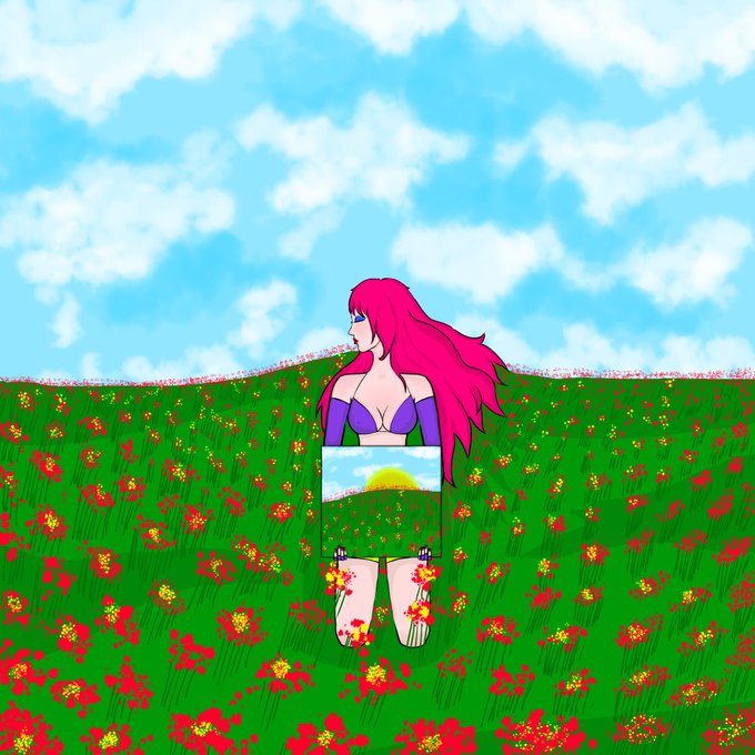An anime-style illustration of a pink-haired woman in a purple outfit standing in a field of red flowers under a blue sky with clouds, with an inset image showing a sunset over a flower field.