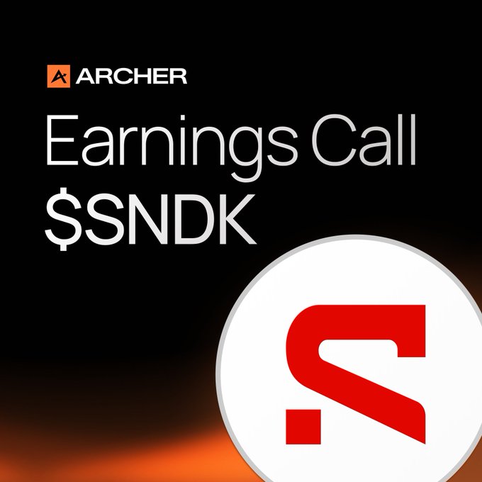 A promotional graphic titled 'Earnings Call $SNDK' featuring the Archer logo and a large red 'S' icon on a dark background.