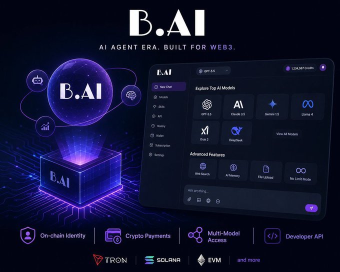 A promotional graphic for "B.AI" with the tagline "AI AGENT ERA. BUILT FOR WEB3." The interface shows AI models including GPT-5.5, Claude 3.5, Gemini 1.5, Llama 4, Grok 3, and DeepSeek, along with features like "On-chain Identify", "Crypto Payments", "Multi-Model Access", and "Developer API" supporting TRON, SOLANA, and EVM.
