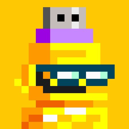 A pixel art character wearing yellow clothing with a purple scarf against a bright yellow background.
