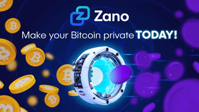A promotional banner for 'Zano' cryptocurrency featuring the tagline 'Make your Bitcoin private TODAY!' with an illustration of a vault/safe mechanism and Bitcoin coins on a dark background.
