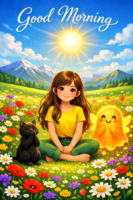 𝕏 family is a cartoon character who appears as a girl sitting in a field of flowers with her cat companion. The image features a girl, a cat, and another cartoon character (the ghost) surrounded by colorful flowers. The caption above the image reads "Good morning 𝕏 family When communities are rewarded for real participation, people stay for the value, not the noise". This message suggests that the girl in the image is appreciating the beauty of nature and the simple joys it brings, while also valuing genuine connections with others. The presence of the cat and the ghost adds to this sense of connection and appreciation for life's small moments.