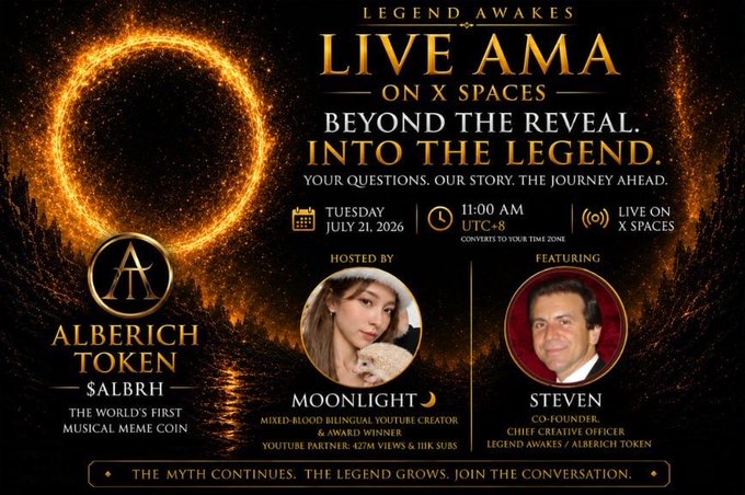 Join the LVE AMA with @LegendAwakes on Tuesday, July 21, 2026, at 11:00 AM UTC+8, featuring the Alberich Token ($ALBRH) and hosted by Moonlight and Steven. This promotional image announces an important AMA event that the accompanying post highlights as a chance to understand the project's origins rather than just an update.