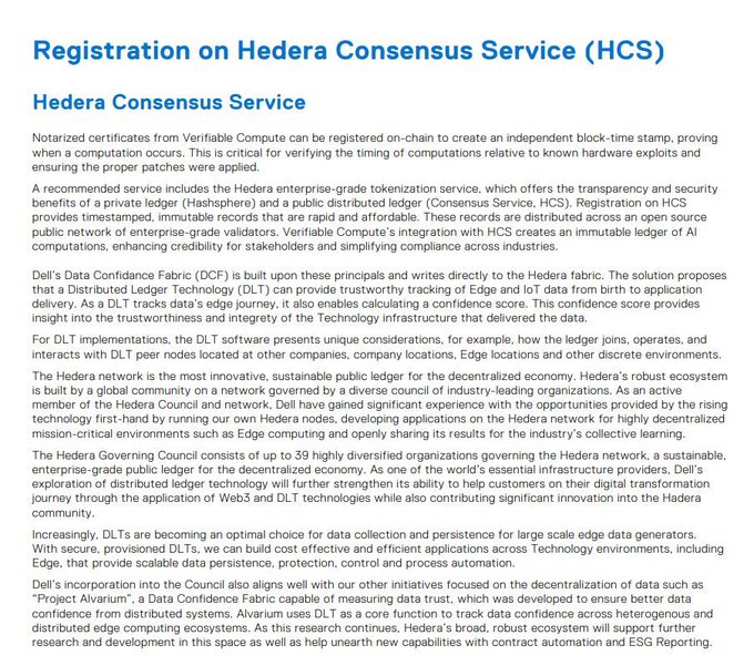 The image shows a document titled "Registration on Hedera Consensus Service (HCS) HederaConsensusService.hederaconsensusservice.com". The text discusses the registration process for HederaConsensus Service, which is a service provided by Dell that allows users to create and manage certificates. The post also mentions that the US government has recently secured a contract with Dell for this service.
