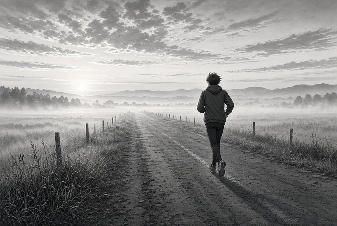 A lone runner jogs down a misty country road at dawn, moving forward through the fog with determination. The image embodies the post's message—regardless of whether the market charts are red or green, life goes on and we keep moving forward.