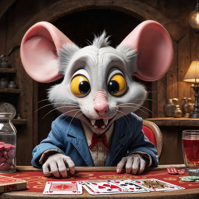 An anthropomorphic mouse character in a blue jacket and red bowtie sits at a table with playing cards, poker chips, and drinks in a dimly lit room.