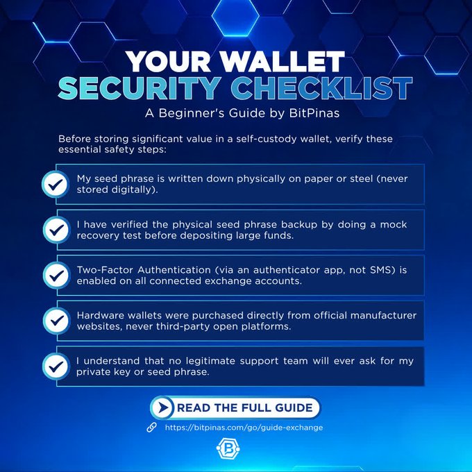 An infographic titled 'YOUR WALLET SECURITY CHECKLIST: A Beginner's Guide by BitPinas,' listing five essential safety steps for self-custody wallets, including physical seed phrase storage and hardware wallet verification.