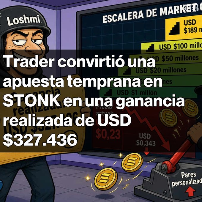 A promotional graphic featuring a cartoon character in a 'Loshmi' helmet next to a 'Escalera de Market Cap' (market cap ladder) chart, with Spanish text announcing a trader turned an early STONK bet into a $327,436 realized profit.