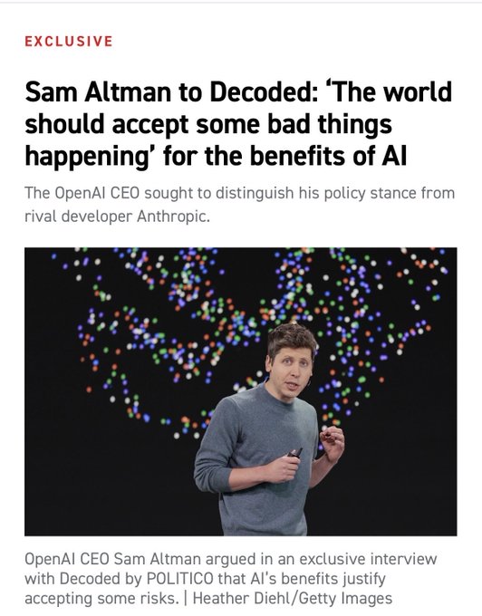 News article headline: 'Sam Altman to Decoded: The world should accept some bad things happening for the benefits of AI', showing OpenAI CEO Sam Altman speaking on stage with a colorful abstract background.