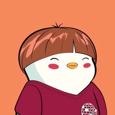 A cartoon illustration of a white bird character with a brown bob haircut wearing a maroon shirt against an orange background.