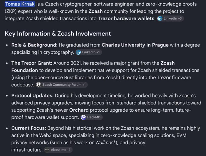 The image shows a profile summary of **Tomas Krnak**, a Czech cryptographer and software engineer known for his work on Zcash, including receiving a grant from the Zcash Foundation (~2021) to integrate shielded transactions into Trezor hardware wallets and supporting the Orchard protocol upgrade. The accompanying post highlights his new project **$MASK (Nullmask)**, building on his Zcash privacy expertise to develop privacy infrastructure in the Web3 space.