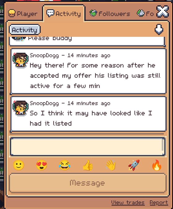 A pixel-art game interface shows a 'Followers' activity tab with messages from a user named 'SnoopDogg' discussing a trading listing issue, complete with emoji reaction options.