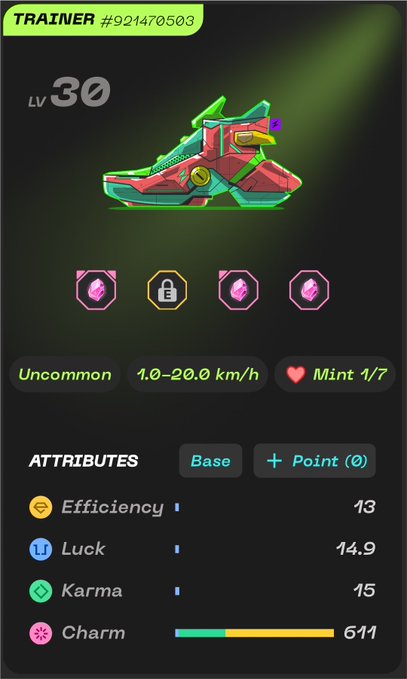 STEPN game screen showing a TRAINZER (Trainer) sneaker NFT #92470503 at Level 30, Uncommon quality, with attributes Efficiency 13, Luck 14.9, Karma 15, and Charm 611.