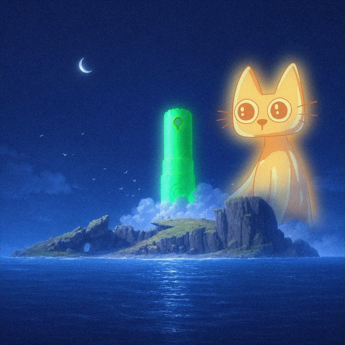 An illustration of a giant glowing cat statue watching over an island with a green cylindrical tower, set against a night sky with a crescent moon.