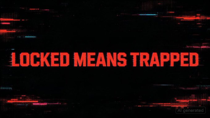 A dark digital graphic with glitch effects displays the bold red text 'LOCKED MEANS TRAPPED' with an 'AI generated' watermark in the corner.