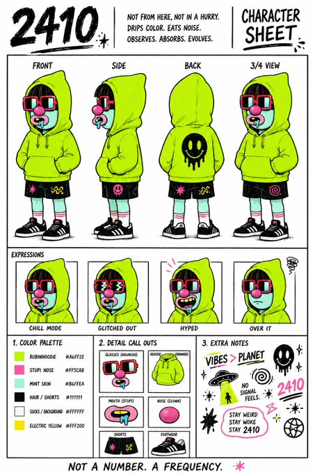 A vibrant character sheet titled '2410' for a character named 'NOT A NUMBER. A FREQUENCY.' featuring a figure in a neon green hoodie, detailed front, side, back, and 3/4 views, alongside expression sheets and color palettes.