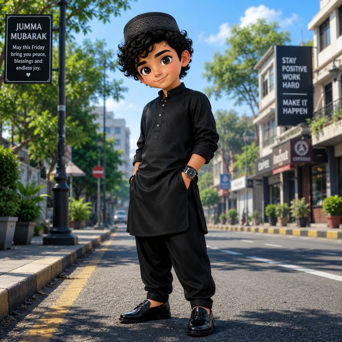 A stylized 3D-rendered cartoon illustration of a young boy wearing a black kurta and a topi, standing on a sunny street with signs reading 'JUMMA MUBARAK' and 'STAY POSITIVE WORK HARD'.