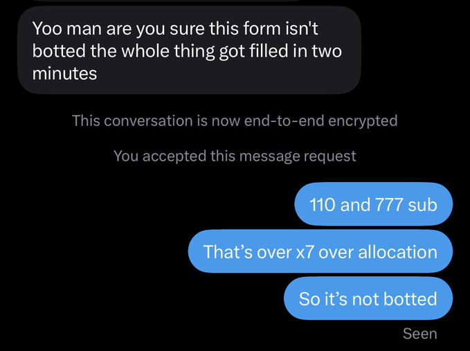 A text message exchange where someone asks if a form is "botted" since it filled out in two minutes, and the reply explains "110 and 777 sub, That's over x7 over allocation, So it's not botted." The image relates to the post by demonstrating how oversubscribed offerings (with the example being 7x oversubscribed) can create the illusion of bot activity when human demand genuinely exceeds allocation.