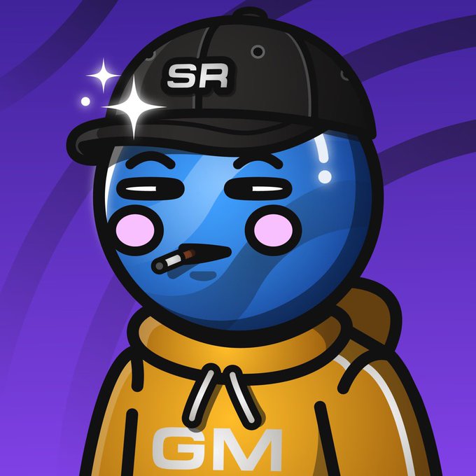 A stylized cartoon character with a blue helmet/mask, wearing a black cap labeled "SR" and a yellow hoodie marked "GM," smokes a cigarette with a sparkle effect, conveying a confident, ready-to-go vibe that matches the "Let's ride" energy.