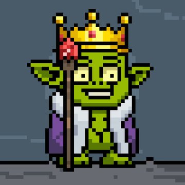 Pixel art illustration of a green-skinned goblin-like king wearing a gold crown and holding a wooden staff with a red gem.