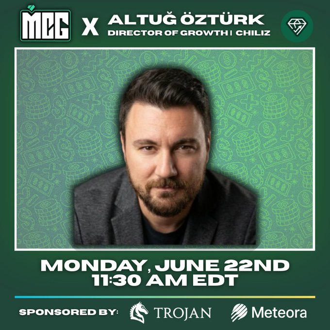 The image features a man wearing a suit, standing against a green background with white text. The text includes details about an event happening at 11:30 am on Monday, June 22nd. The event is sponsored by Trojans, and it's related to the cryptocurrency market.