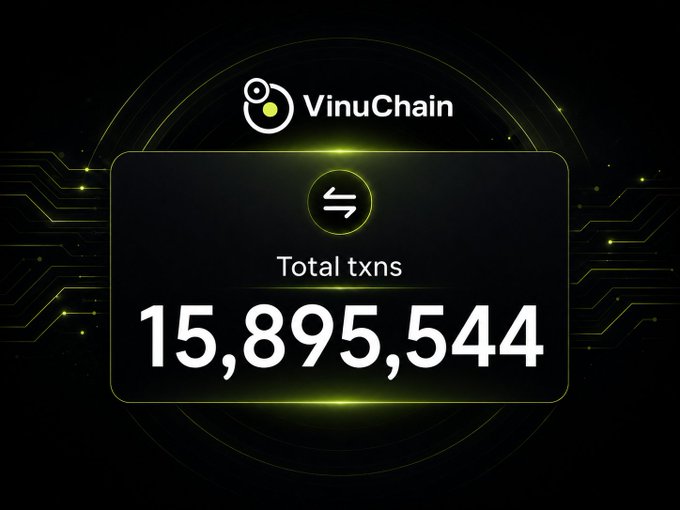A dark-themed graphic for VinuChain displaying 'Total txns 15,895,544' with green circuit-like accents.