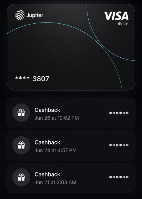 A digital wallet interface displays a black Jupiter Visa Infinite card ending in 3807, accompanied by three recent cashback transactions dated June 21, June 24, and June 26, visually reinforcing the post's claim of earning rewards on everyday purchases.