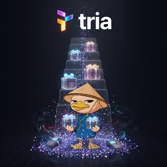 The image features a cartoon character, possibly a duck or a bird, standing next to a Christmas tree filled with presents. The character appears to be wearing a hat and holding a gift bag. The background of the image is black, which contrasts with the colorful elements in the foreground. There are also some text elements present in the image that read "Tria" and "Season 3".