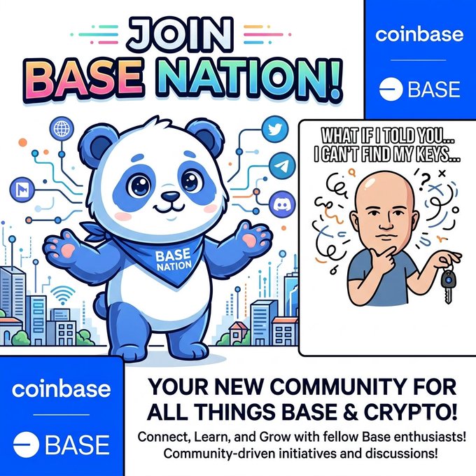 A 'Join Base Nation!' promotional graphic for Coinbase/Base featuring a cartoon panda mascot wearing a Base Nation bandana, alongside a meme asking 'What if I told you... I can't find my keys...' depicting a confused bald man, promoting the community as 'Your new community for all things Base & crypto!'