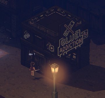 An isometric pixel art scene of a building labeled 'GLUE ADDICTION' at night, with a lone figure standing outside near a glowing streetlamp.