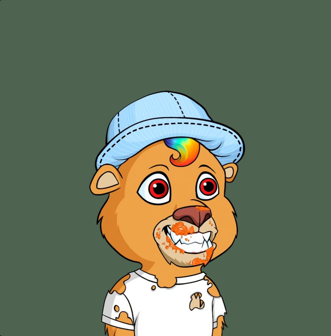 A cartoon lion cub NFT character with orange fur, a rainbow forelock, and a light blue backwards cap, wearing a messy white t-shirt with food stains around its mouth. The image reflects the post's excitement about rolling a unique Lazy Lion cub with rare traits like the rainbow hair and distinctive cap.