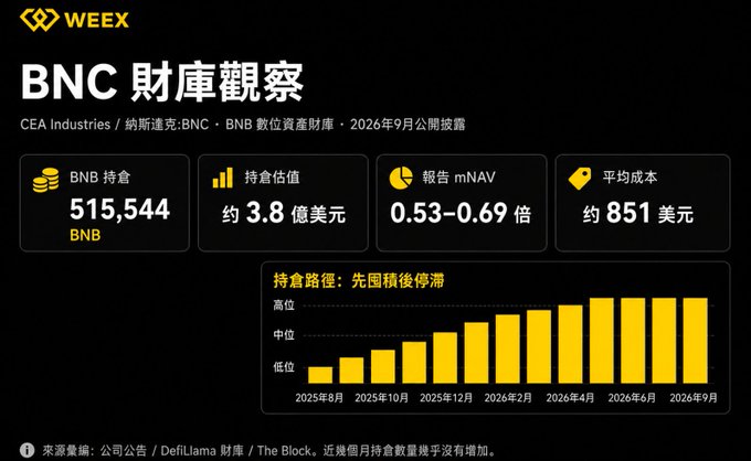 A financial infographic from WEEX titled 'BNC 财库观察' (BNC Treasury Observation) details CEA Industries' BNB holdings of 515,544 tokens, valued at approximately $380 million, with mNAV ratios and average cost metrics.