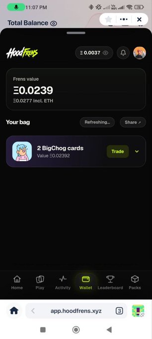 A mobile screenshot of the hoodfrens.xyz app shows a total balance of 0.0239 ETH and '2 BigChog cards' in the wallet with a trade option.