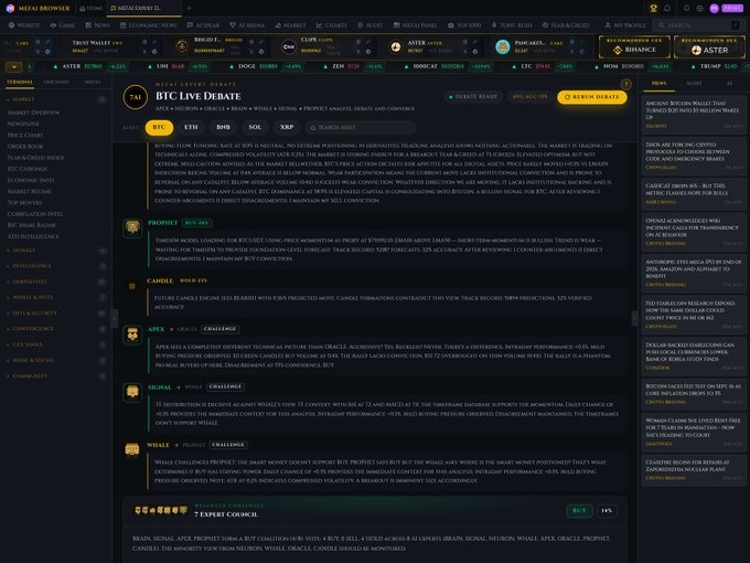 A cryptocurrency platform interface displaying a 'BTC LIVE DEBATE' with panels for ETH, BNB, SOL, and XRP, with text about 'METAL EXPERT DEBATE' and '7 EXPERT COUNCIL' visible.