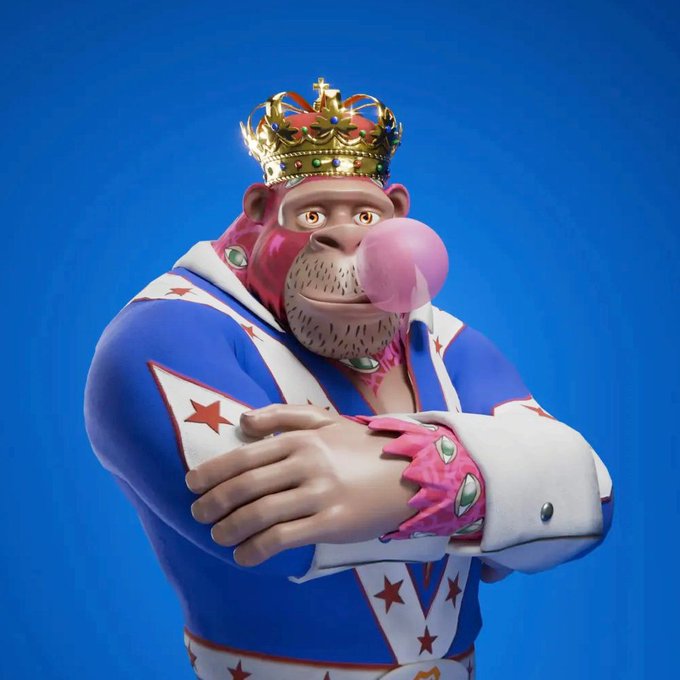 A 3D rendering of a pink monkey character wearing a gold crown, blowing a pink bubble from bubblegum, dressed in a blue and white star-patterned jacket.