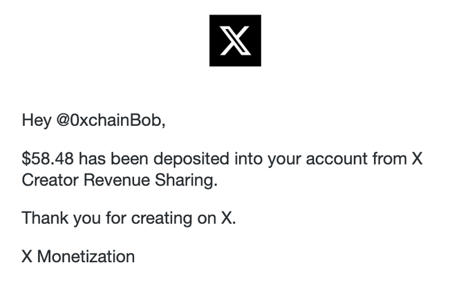 The image shows an X Creator Revenue Sharing payout notification to @0xchainBob for $58.48, which the user is celebrating as their first earnings from the platform.