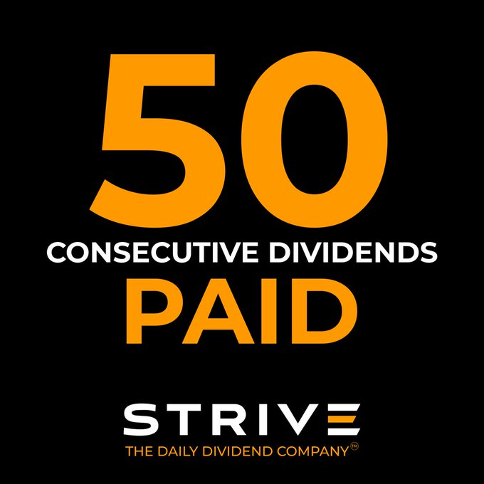 The image features a black background with large orange text reading "50 CONSECUTIVE DIVIDENDS PAID" above the "STRIVE - THE DAILY DIVIDEND COMPANY®" logo, celebrating Strive Asset Management's SATA fund reaching the halfway milestone toward 100 consecutive daily dividend payments.