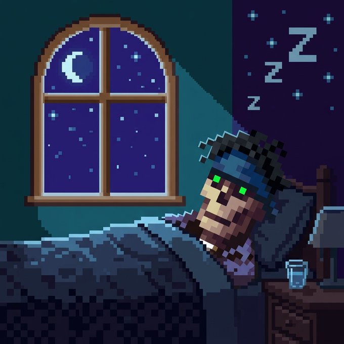 A pixel art scene shows a bearded villager character sleeping in bed with 'Zzz' floating above, next to an arched window showing a starry night sky with a crescent moon.